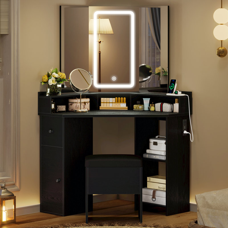 Wrought Studio Ironck Corner Vanity Desk Set With 3 folding Lighted Mirrors Makeup Vanity Table With Charging Station 7 Storage Shelves And Storage Bench For Bedroom Reviews Wayfair